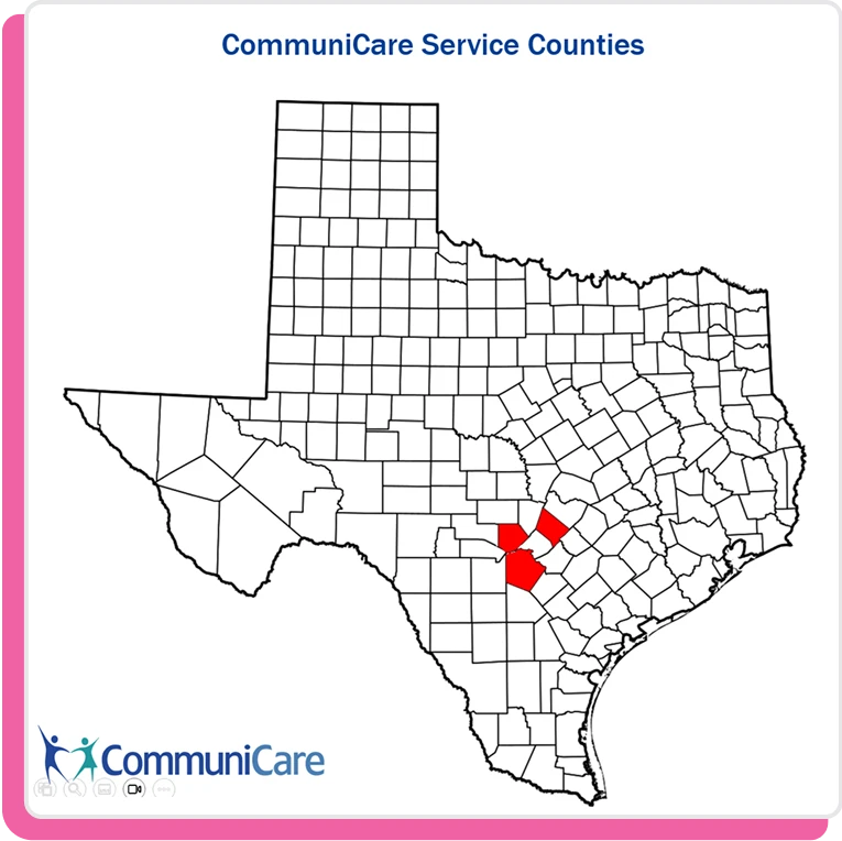 Map of Texas showing CommuniCare service areas in San Antonio and south-central Texas.