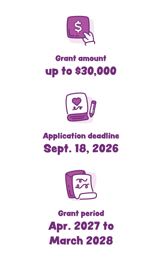 Three icons showing grant details: grant amount up to $30,000, application deadline Sept. 18, 2026, and grant period Apr. 2027 to March 2028.